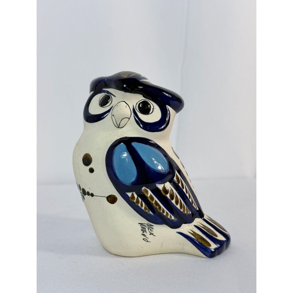 Tonala Mexican Pottery OWL Bird Figurine Handmade Folk Art Hand Painted Blue